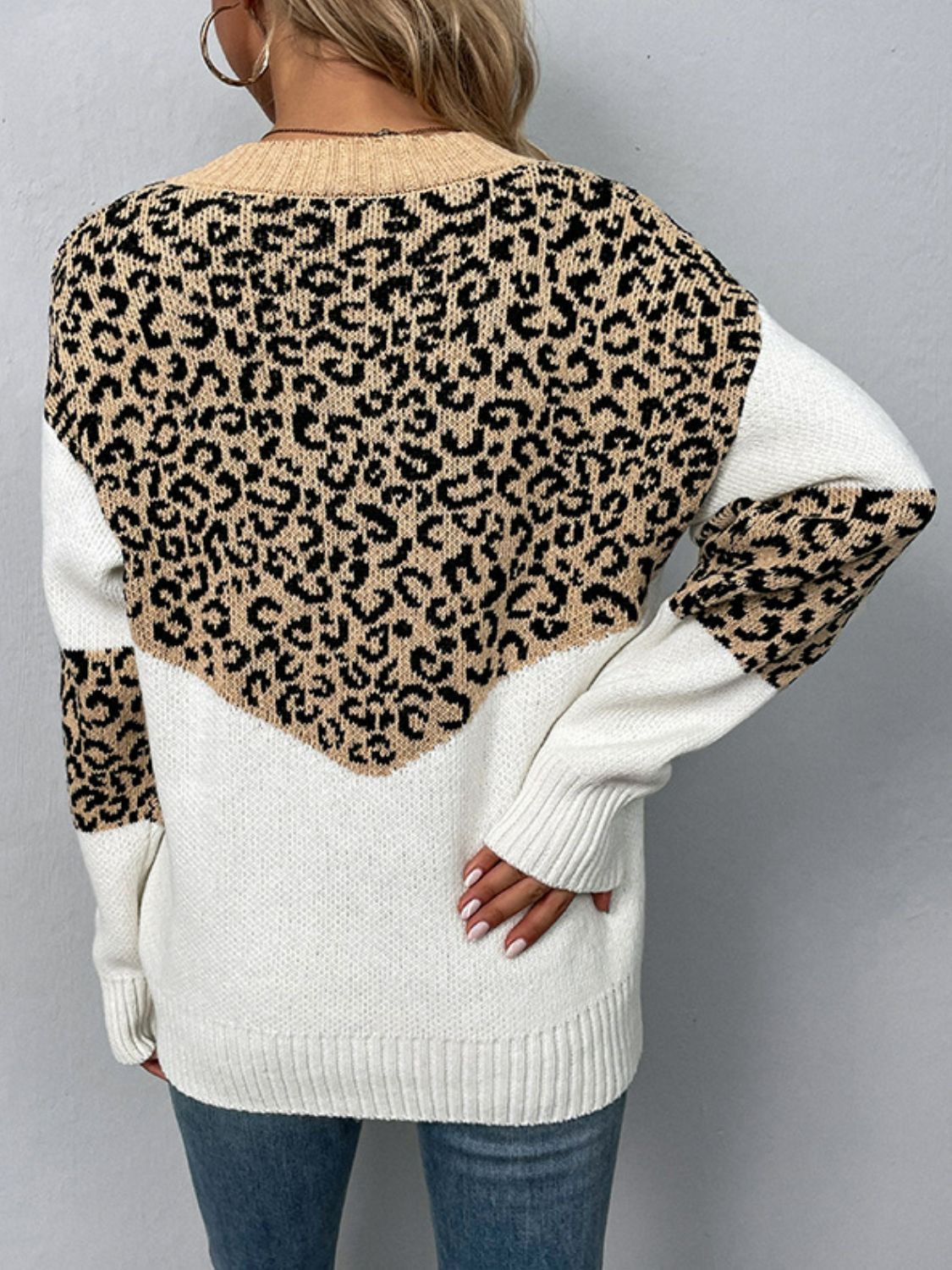 Leopard V-Neck Dropped Shoulder Sweater - The Boutie Shop