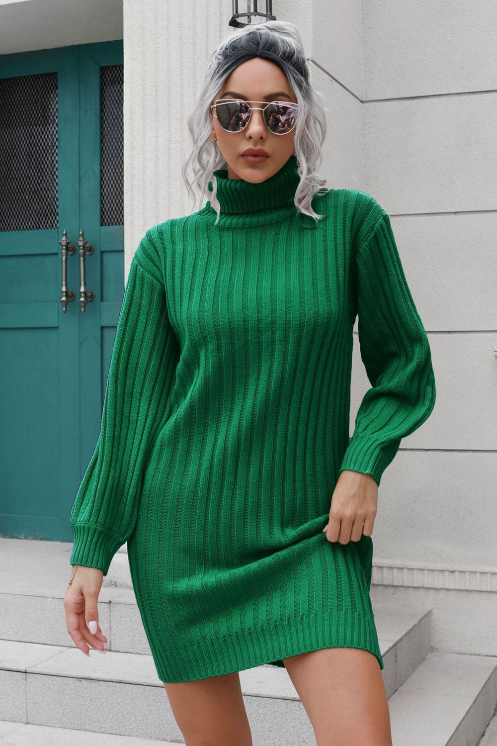 Ribbed Turtle Neck Long Sleeve Mini Sweater Dress - The Boutie Shop