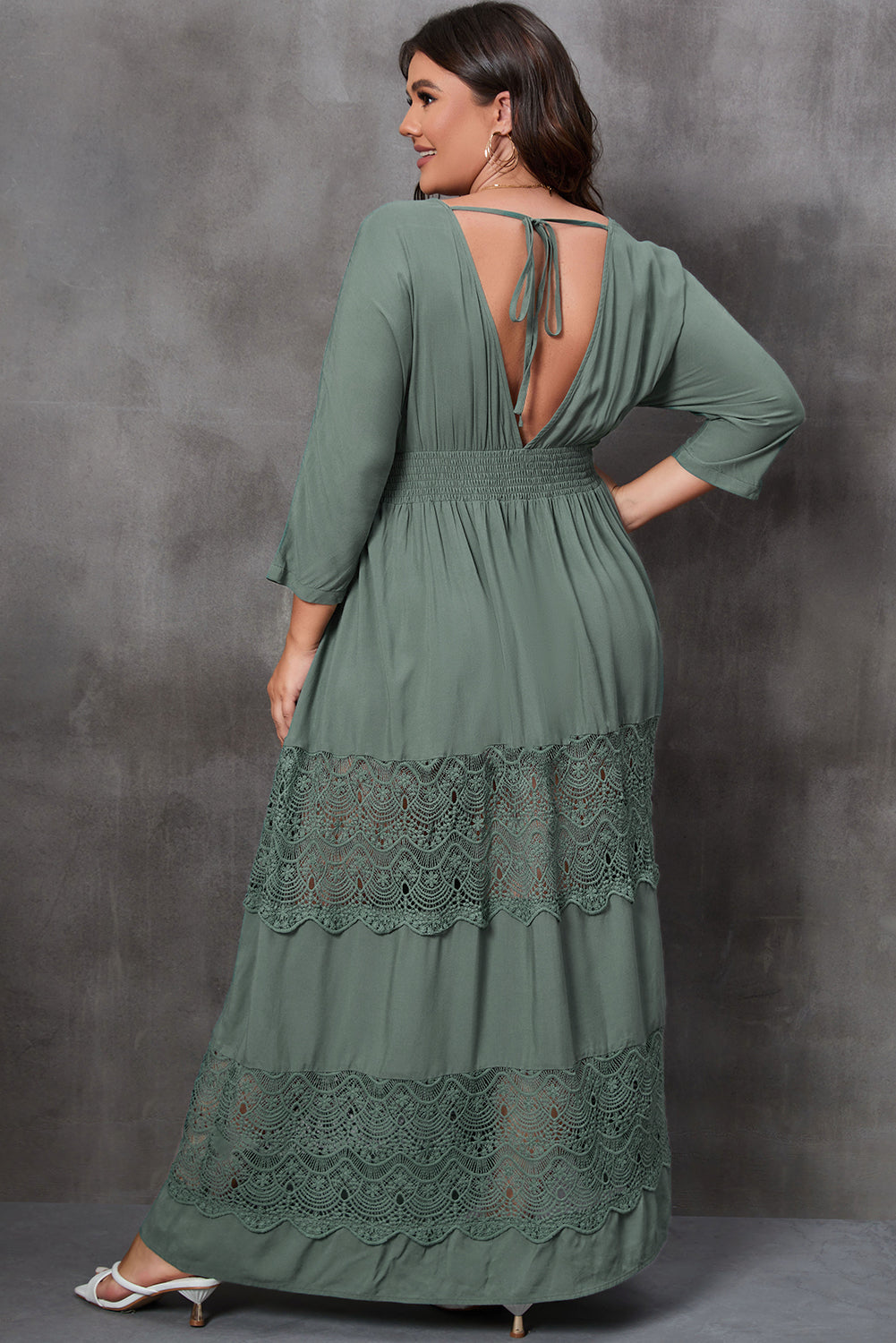 Plus Size Tied V-Neck Smocked Crochet Maxi Dress - The Boutie Shop