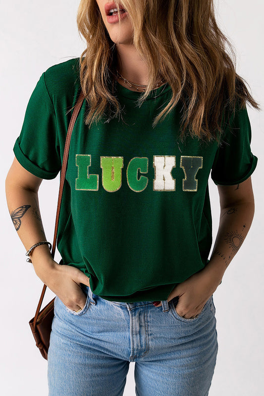 LUCKY Round Neck Short Sleeve T-Shirt - The Boutie Shop