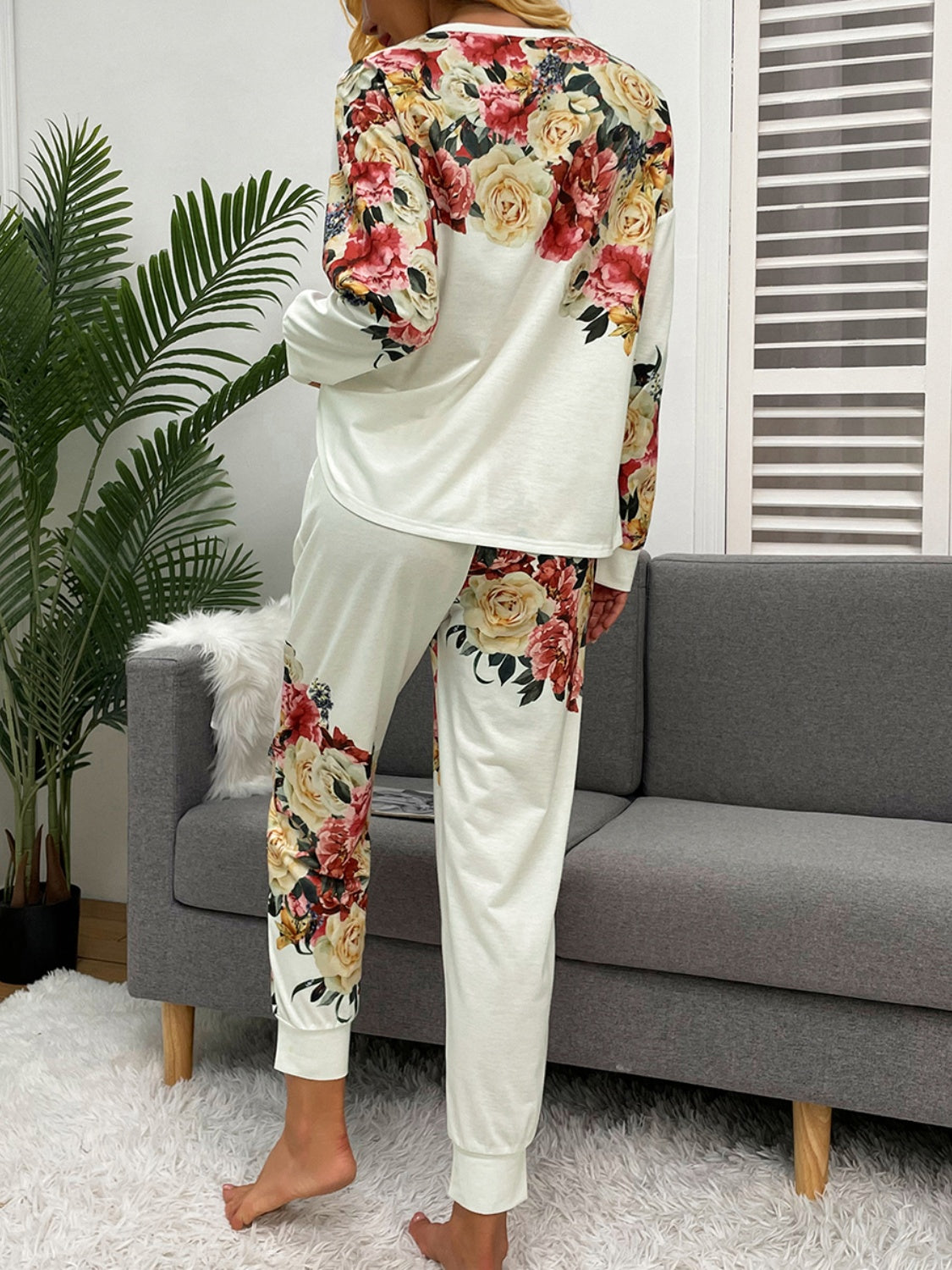 Shiny Printed Round Neck Top and Pants Lounge Set - The Boutie Shop