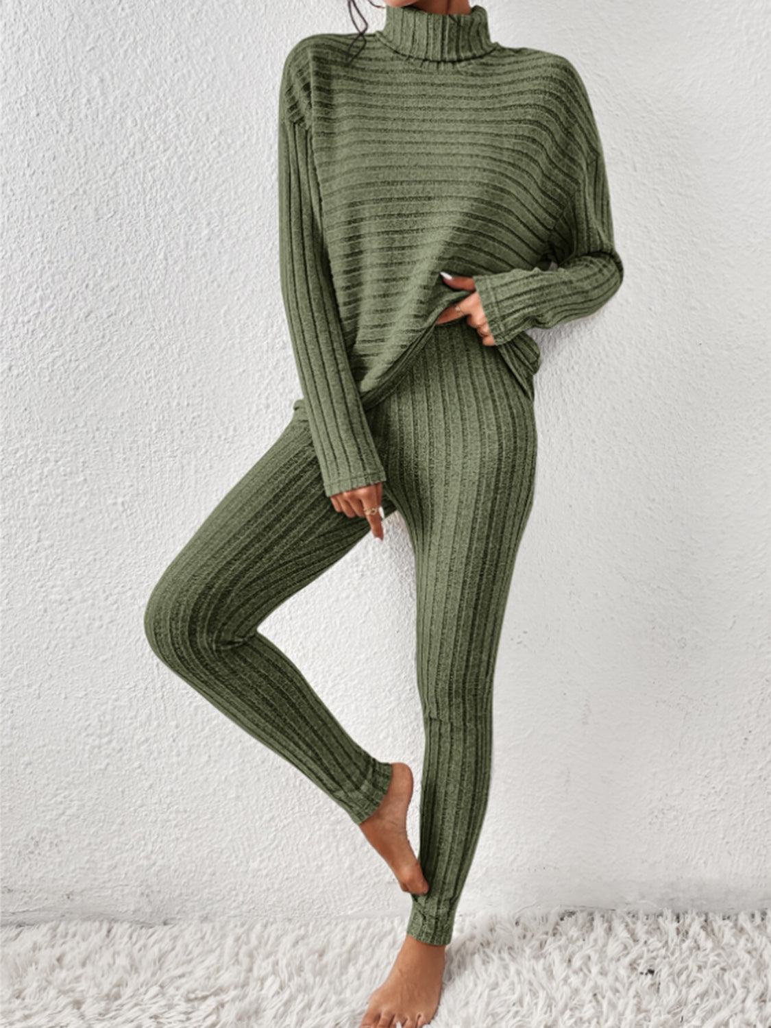 Ribbed Turtleneck Top and Pants Set - The Boutie Shop