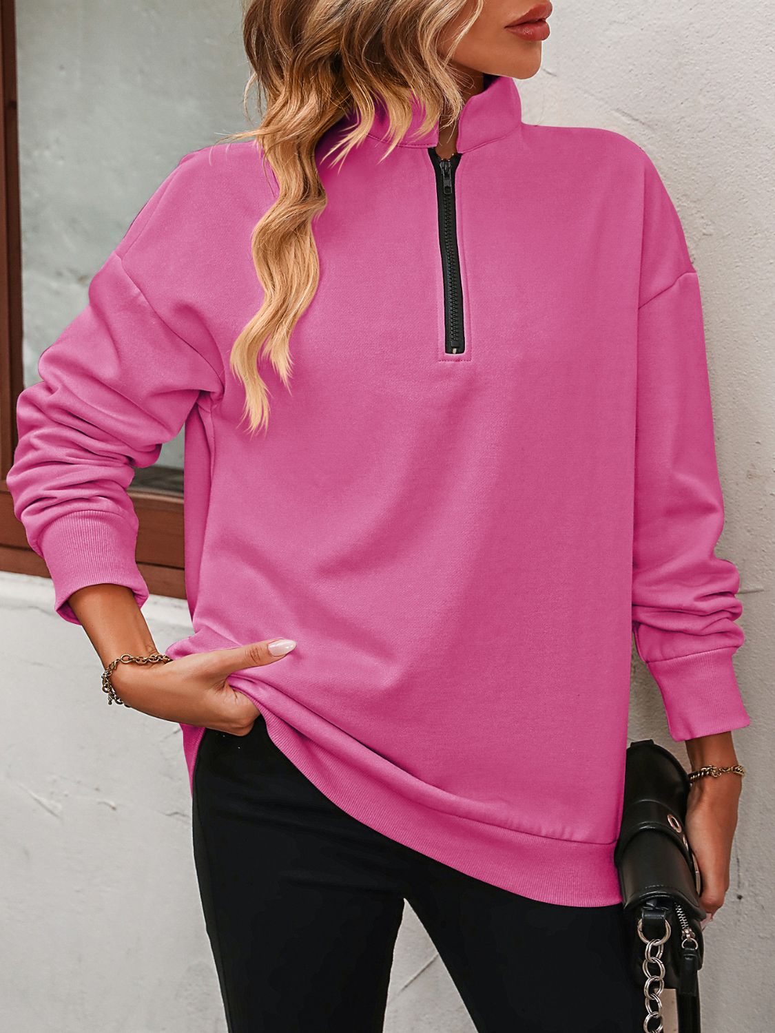 Mandy Zip-Up Dropped Shoulder Sweatshirt - The Boutie Shop