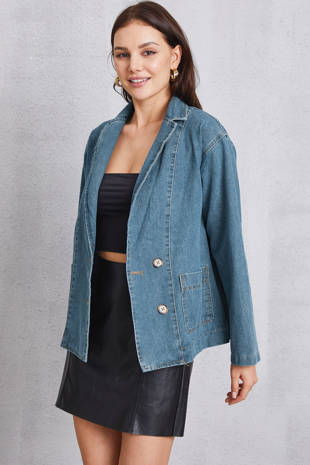 Pocketed Button Up Denim Jacket - The Boutie Shop