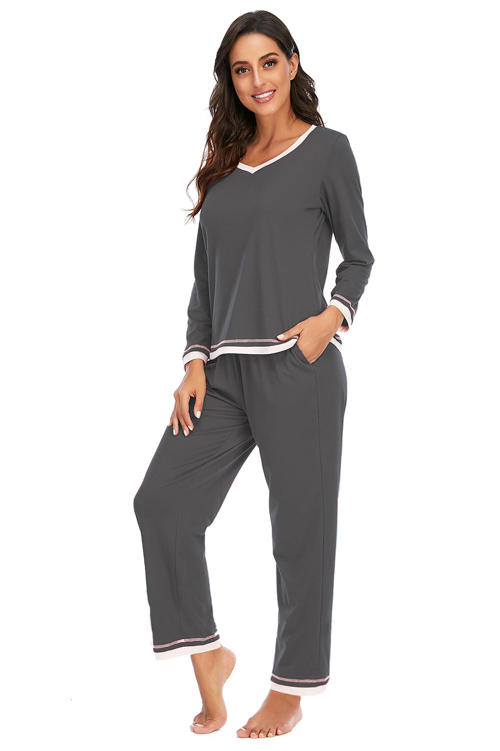 V-Neck Top and Pants Lounge Set - The Boutie Shop