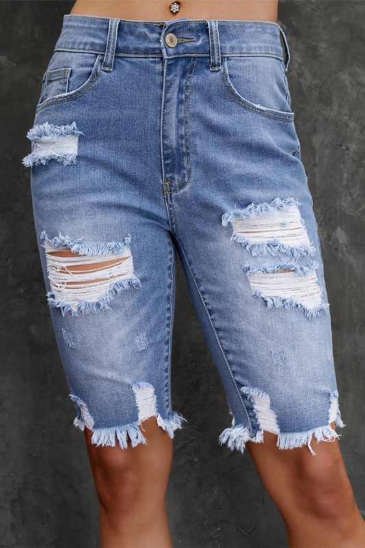 Distressed Frayed Hem Denim Bermuda Shorts - The Boutie Shop