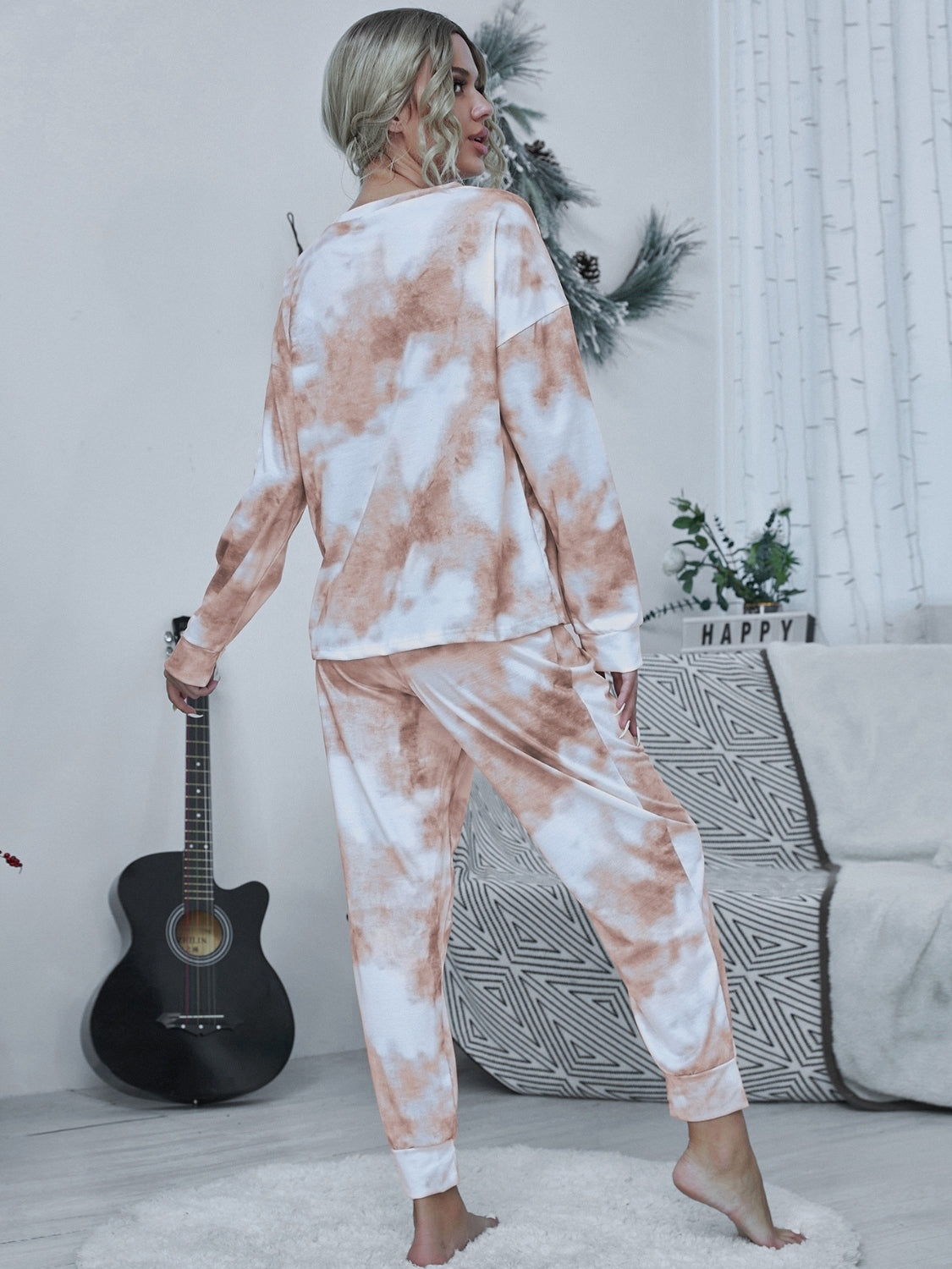 Shiny Tie-dye Round Neck Top and Drawstring Pants Lounge Set - The Boutie Shop