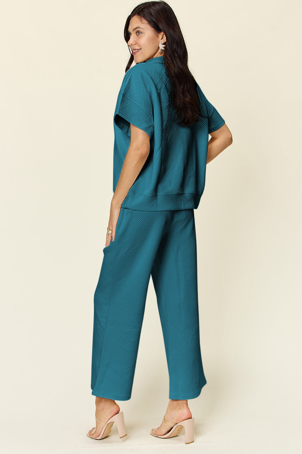 Double Take Full Size Texture Half Zip Short Sleeve Top and Pants Set - The Boutie Shop