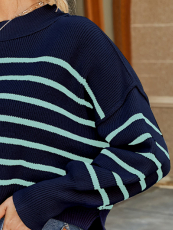 Round Neck Striped Lantern Sleeve Sweater - The Boutie Shop