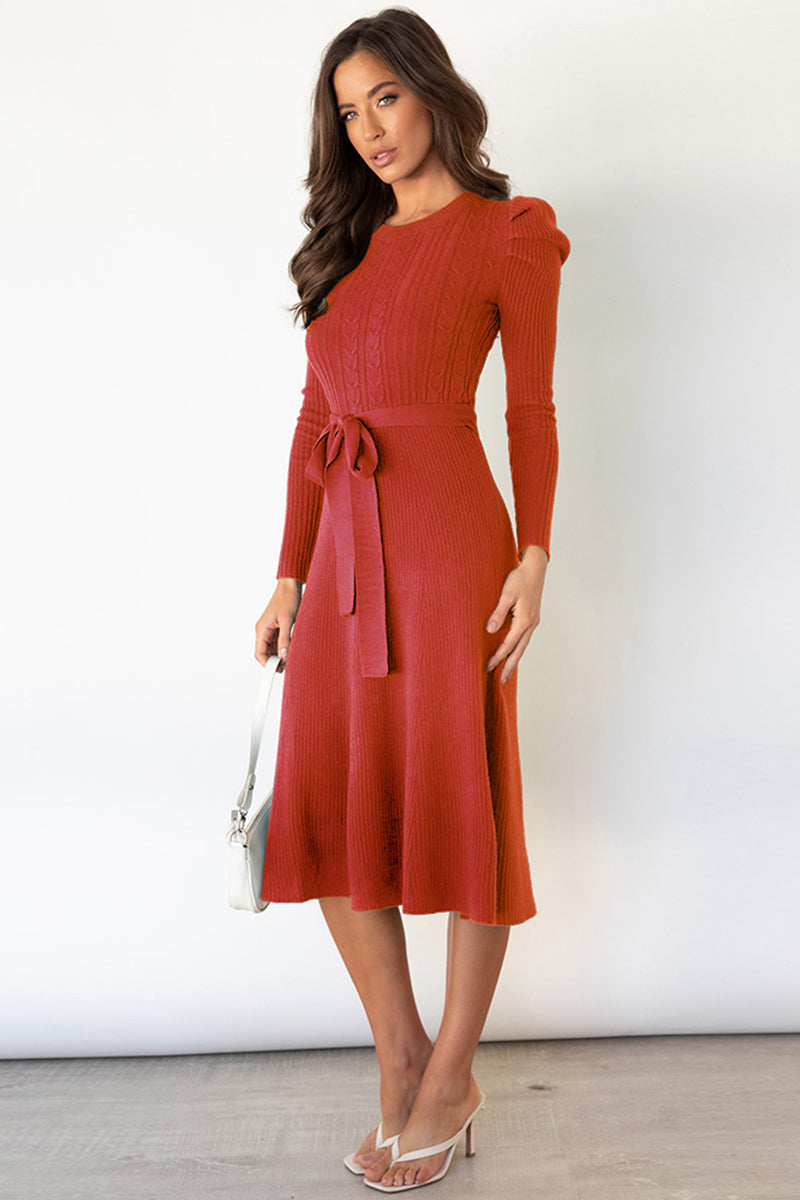 Round Neck Long Sleeve Tie Waist Sweater Dress - The Boutie Shop