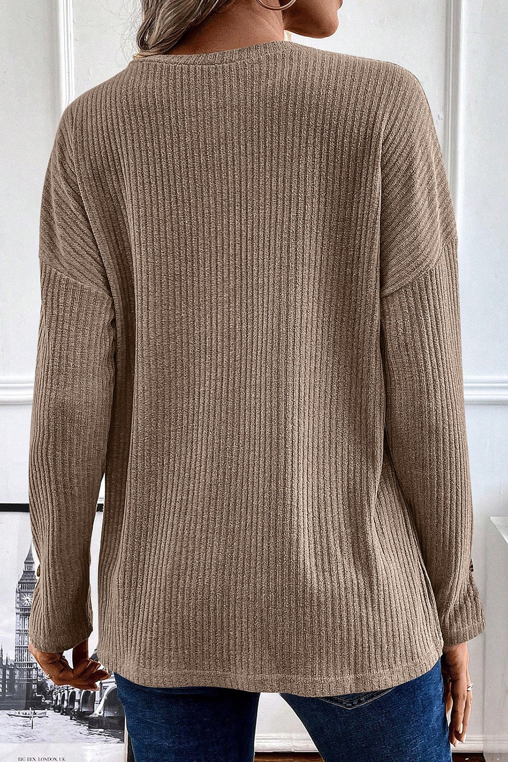 Ribbed Half Button Long Sleeve Knit Top - The Boutie Shop