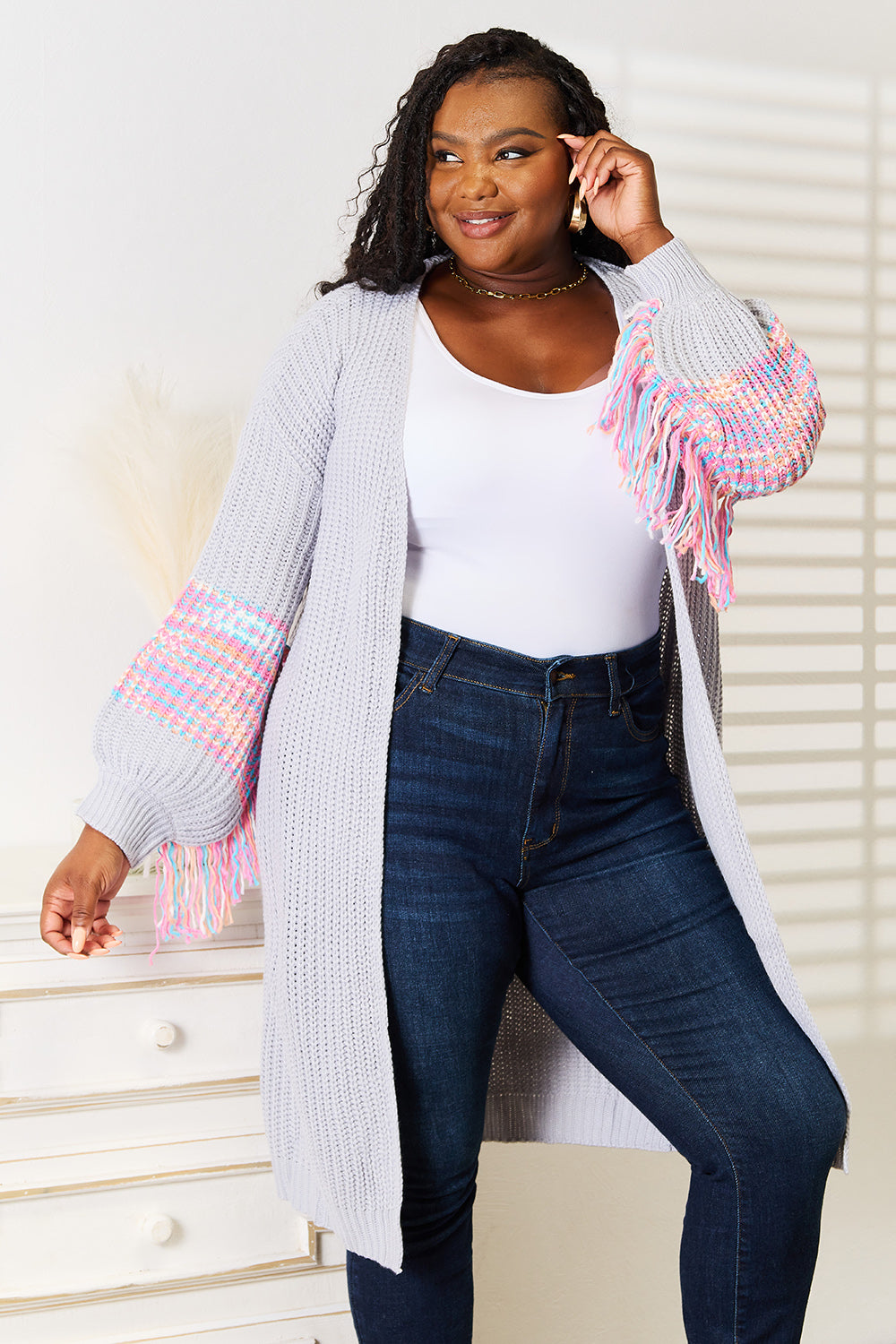 Woven Right Fringe Sleeve Dropped Shoulder Cardigan - The Boutie Shop