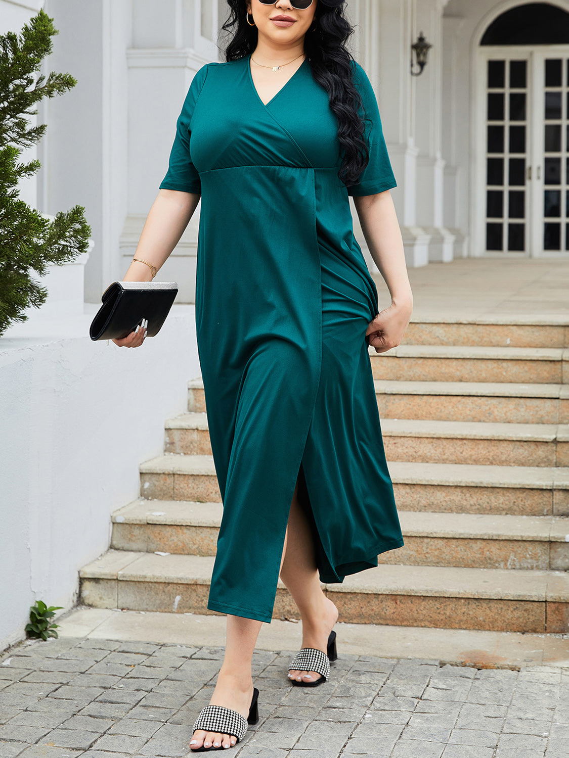 Plus Size Slit Surplice Short Sleeve Midi Dress - The Boutie Shop