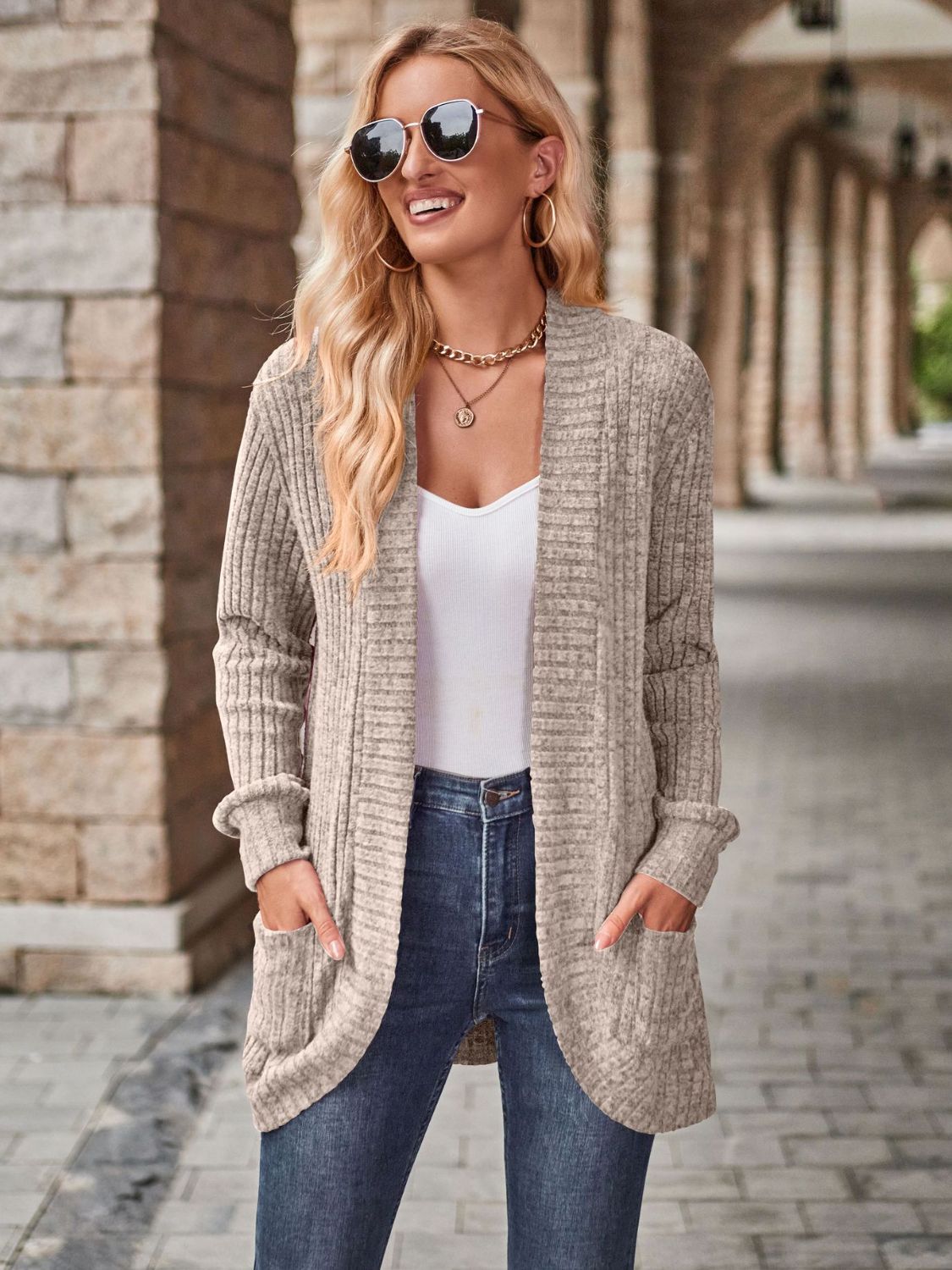Open Front Cardigan with Pockets - The Boutie Shop