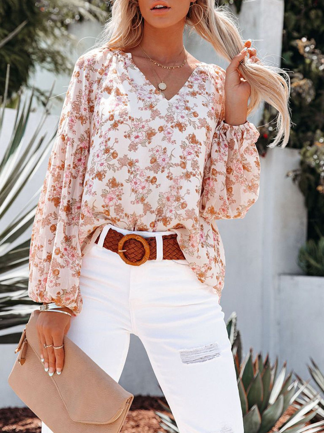 Floral Notched Balloon Sleeve Blouse - The Boutie Shop