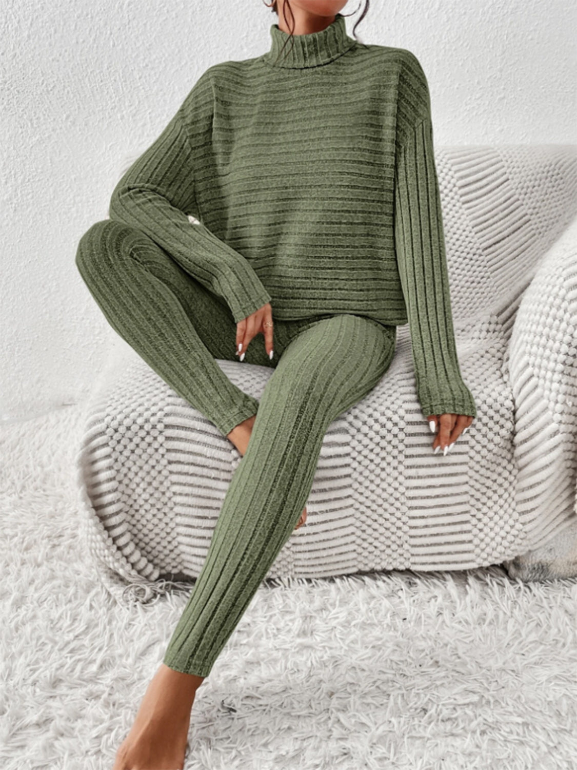 Ribbed Turtleneck Top and Pants Set - The Boutie Shop