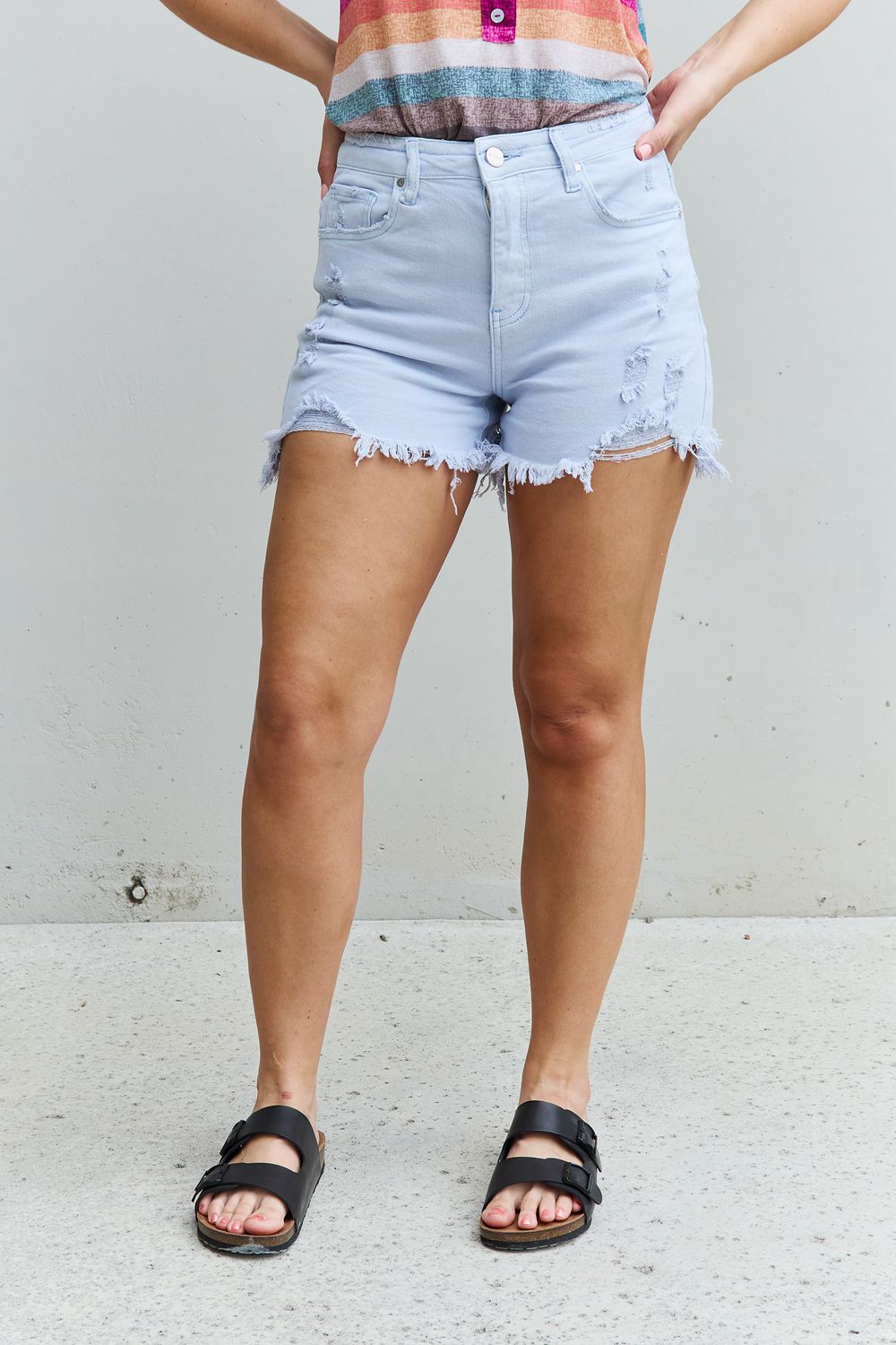 RISEN Katie Full Size High Waisted Distressed Shorts in Ice Blue - The Boutie Shop