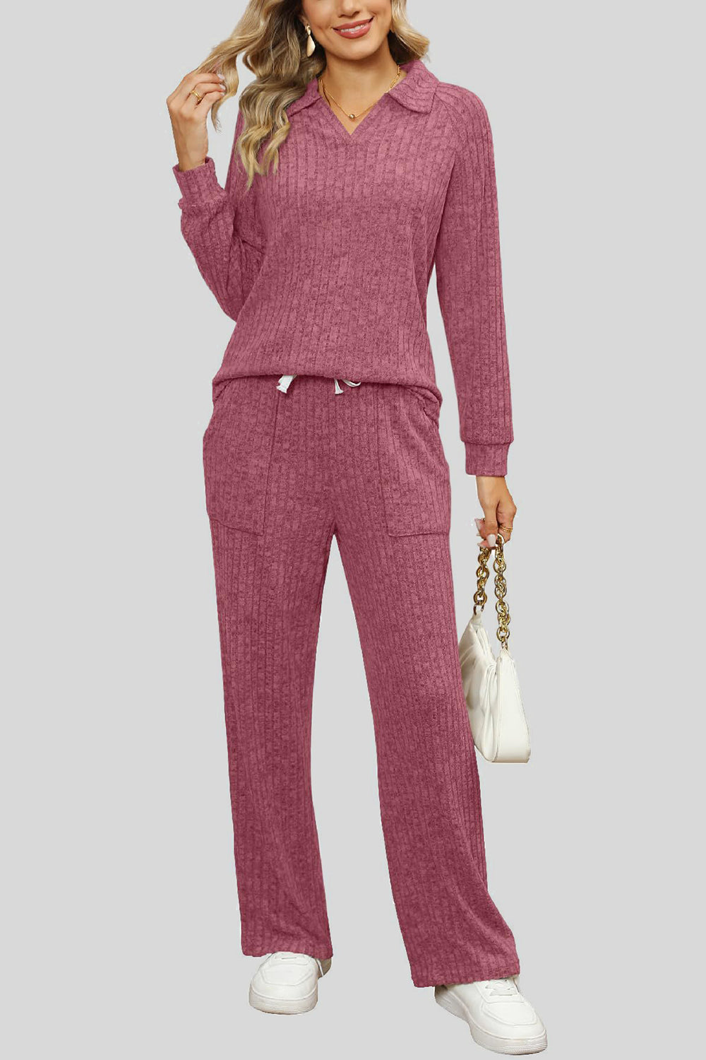 Ribbed Long Sleeve Top and Pocketed Pants Set - The Boutie Shop