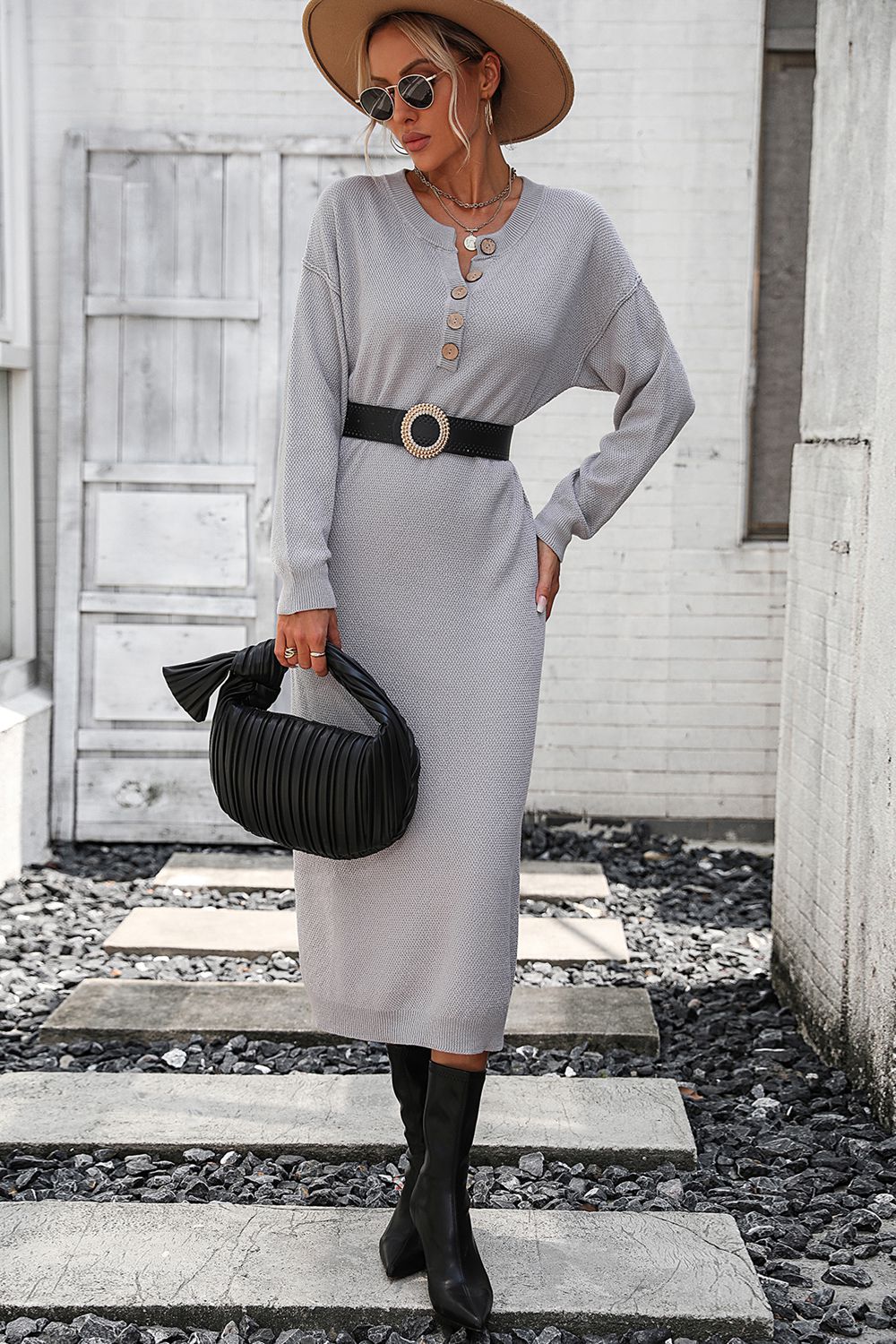 Decorative Button Notched Dropped Shoulder Sweater Dress - The Boutie Shop