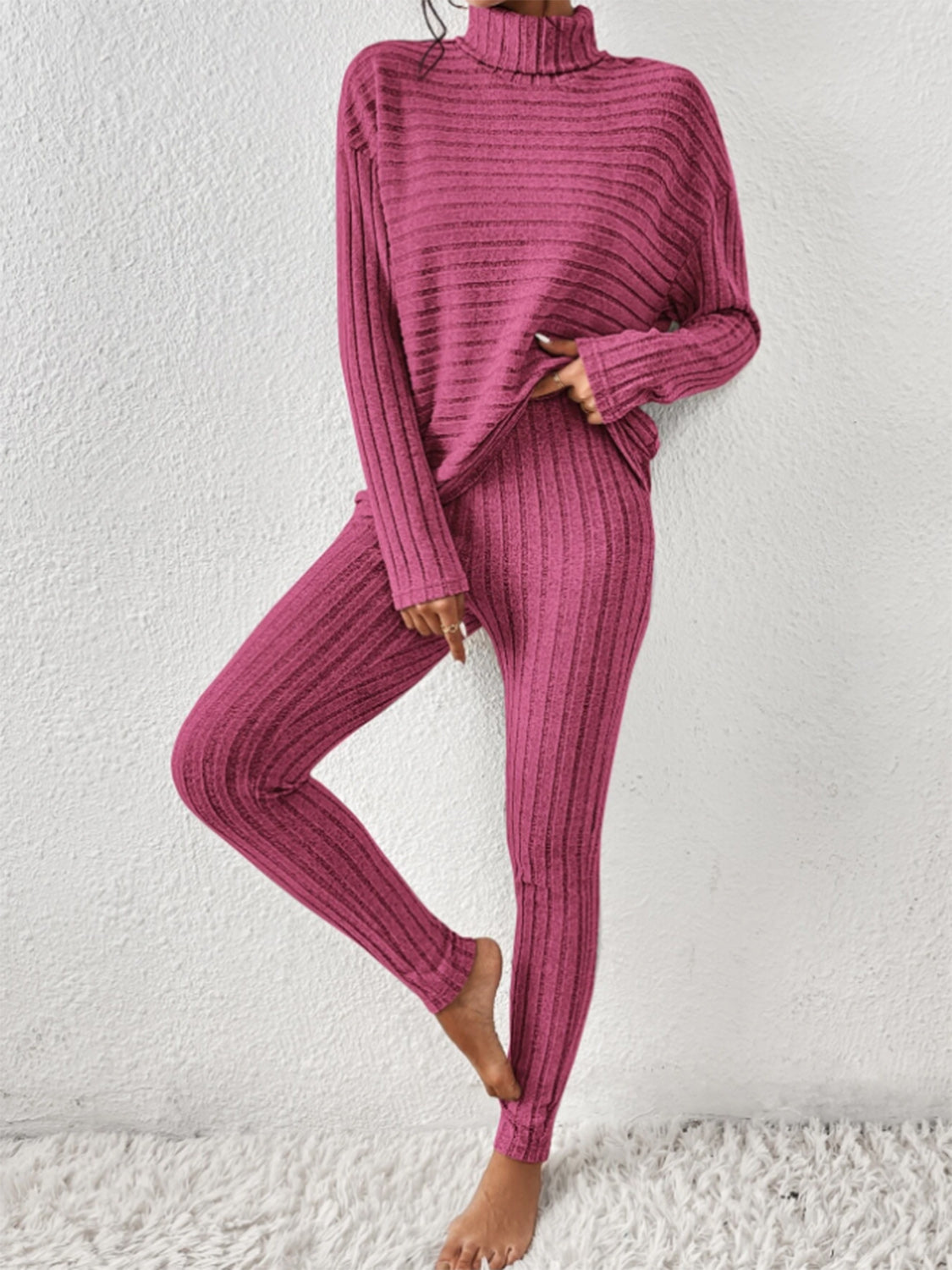 Ribbed Turtleneck Top and Pants Set - The Boutie Shop