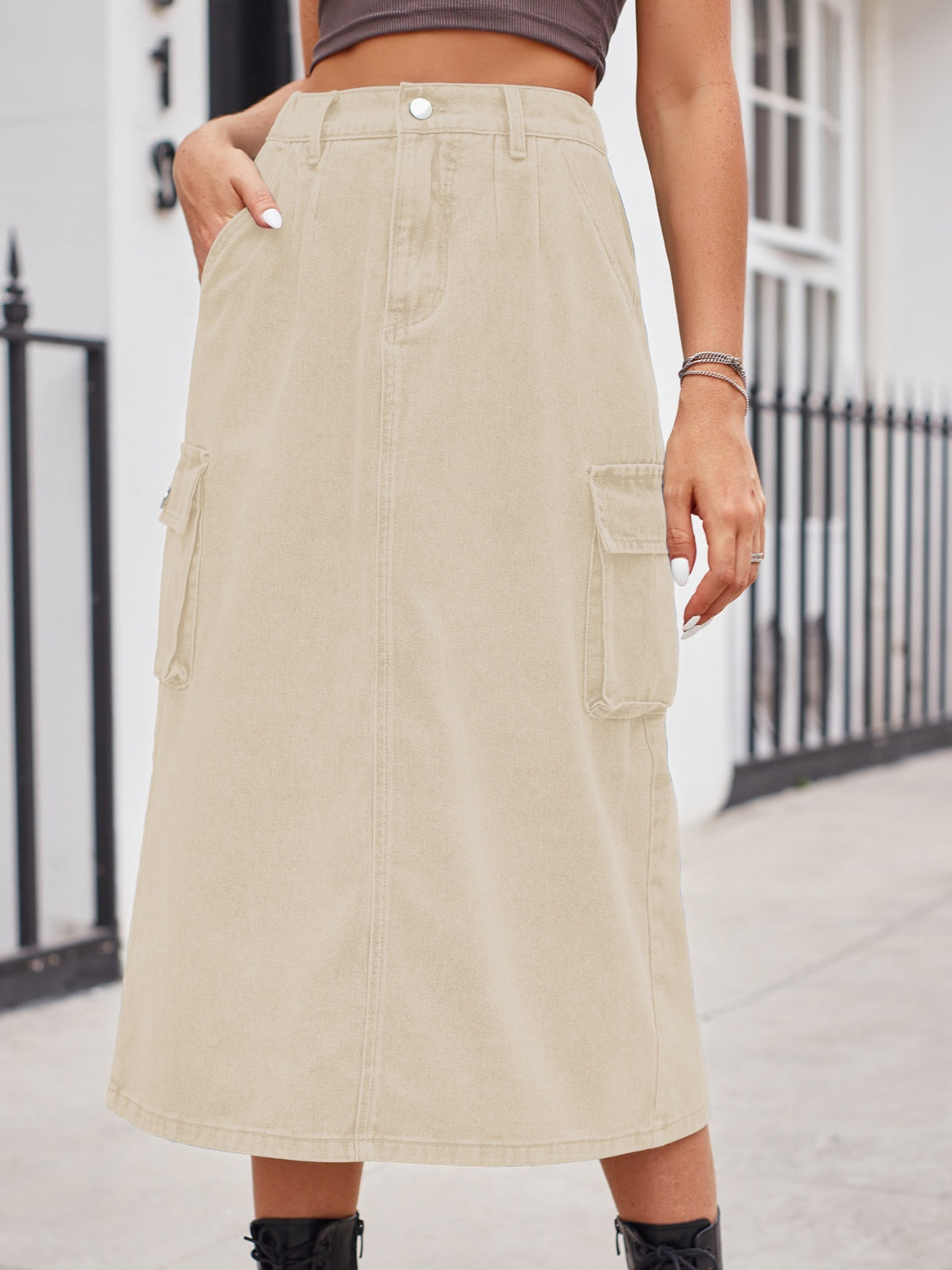 Slit Buttoned Denim Skirt with Pockets - The Boutie Shop