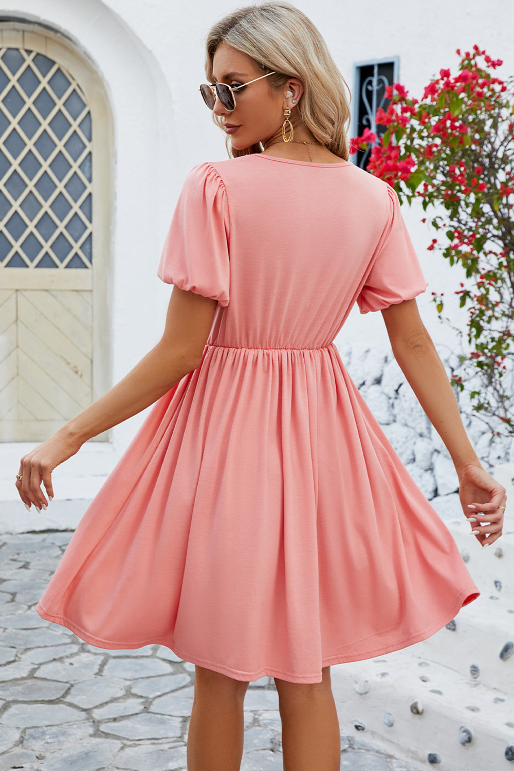 V-Neck Balloon Short Sleeve Dress - The Boutie Shop