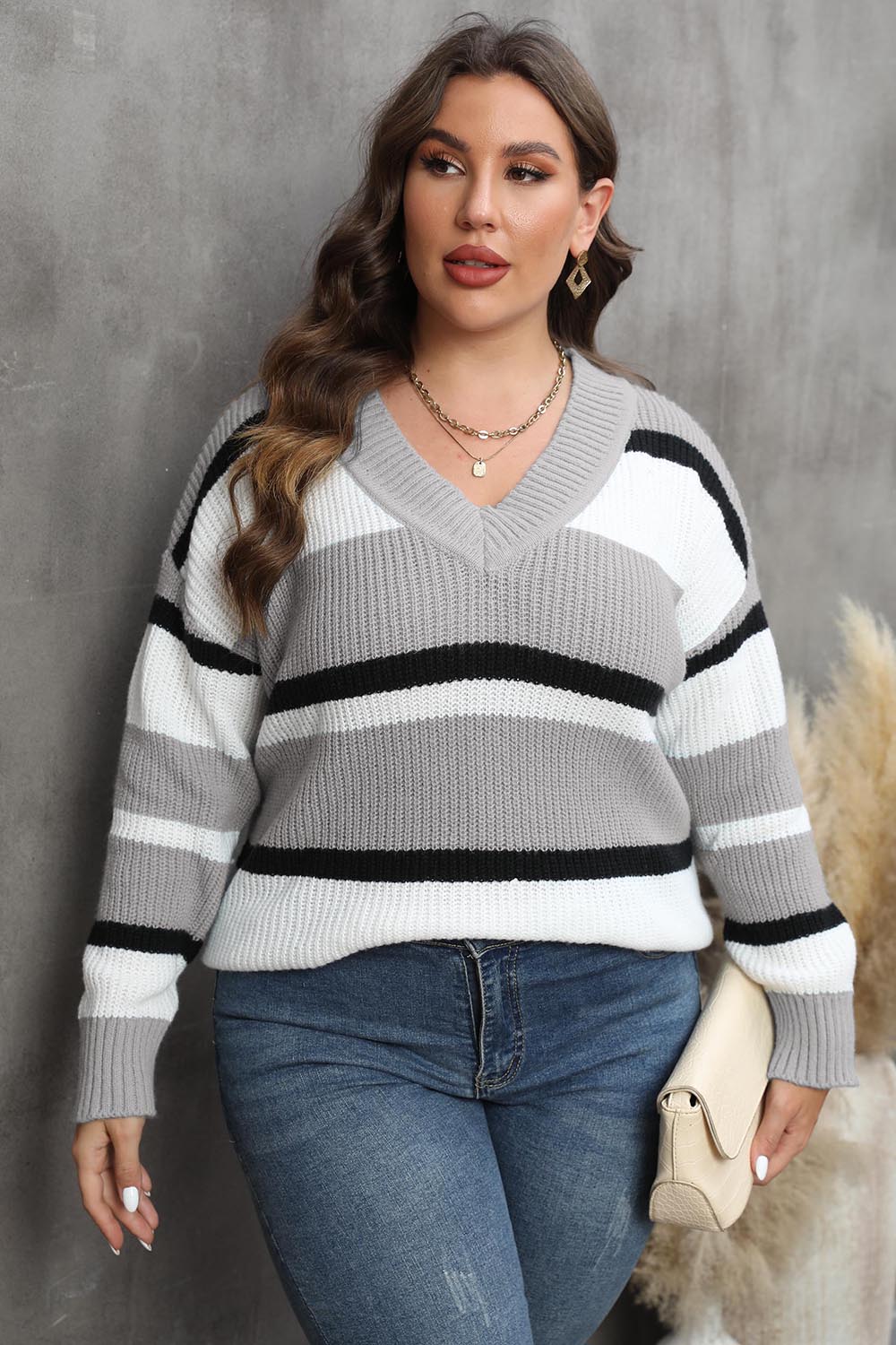 Plus Size Striped V-Neck Dropped Shoulder Sweater - The Boutie Shop