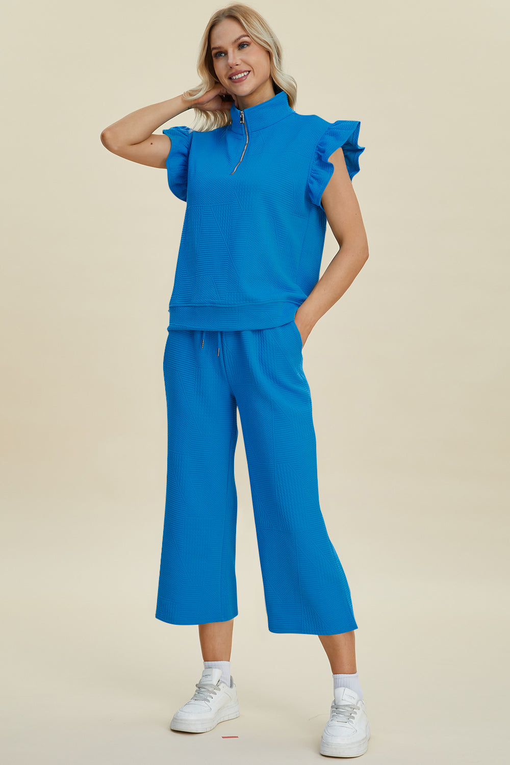 Double Take Full Size Texture Ruffle Short Sleeve Top and Wide Leg Pants Set - The Boutie Shop