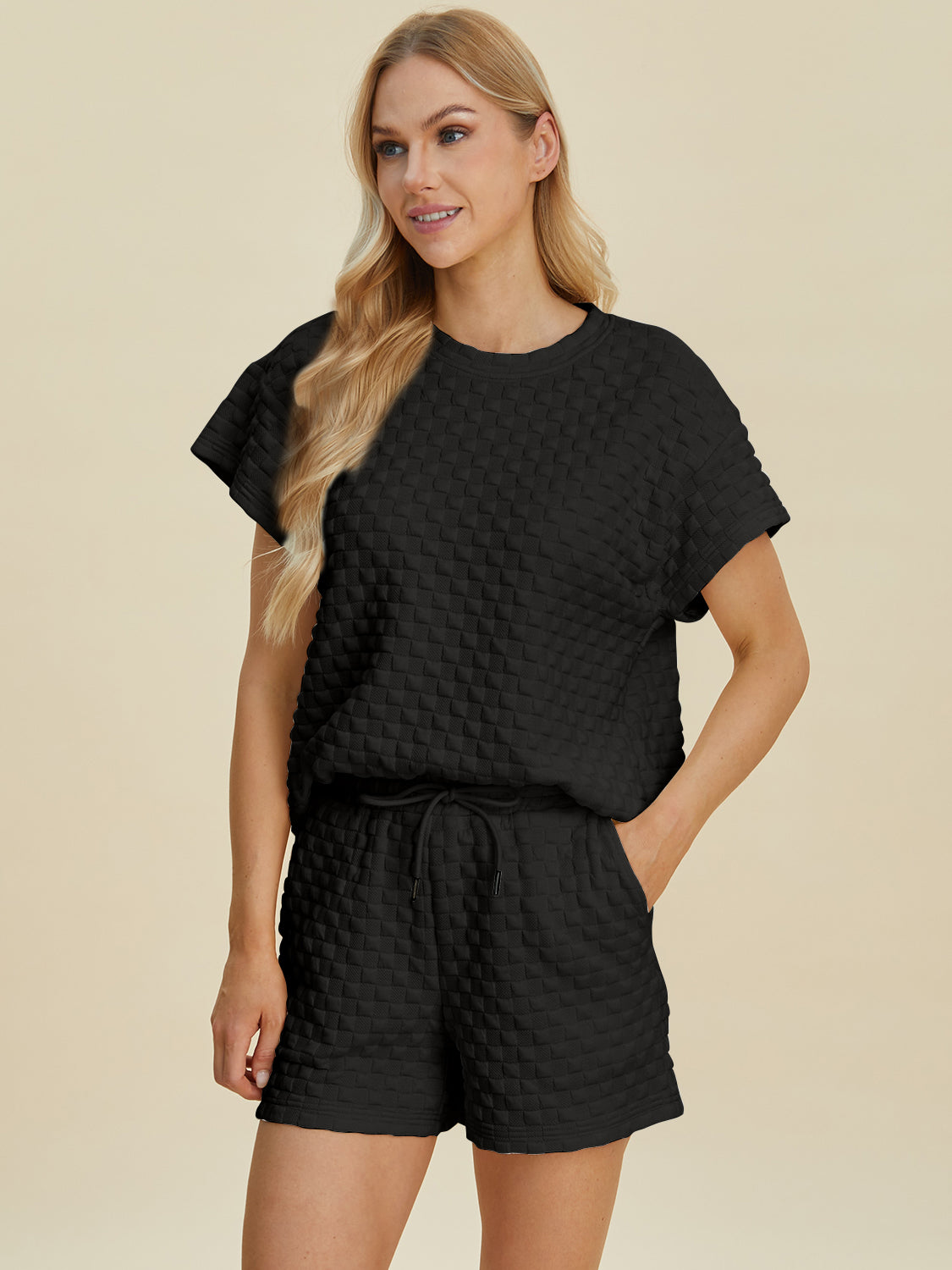 Double Take Full Size Texture T-Shirt and Shorts Set - The Boutie Shop