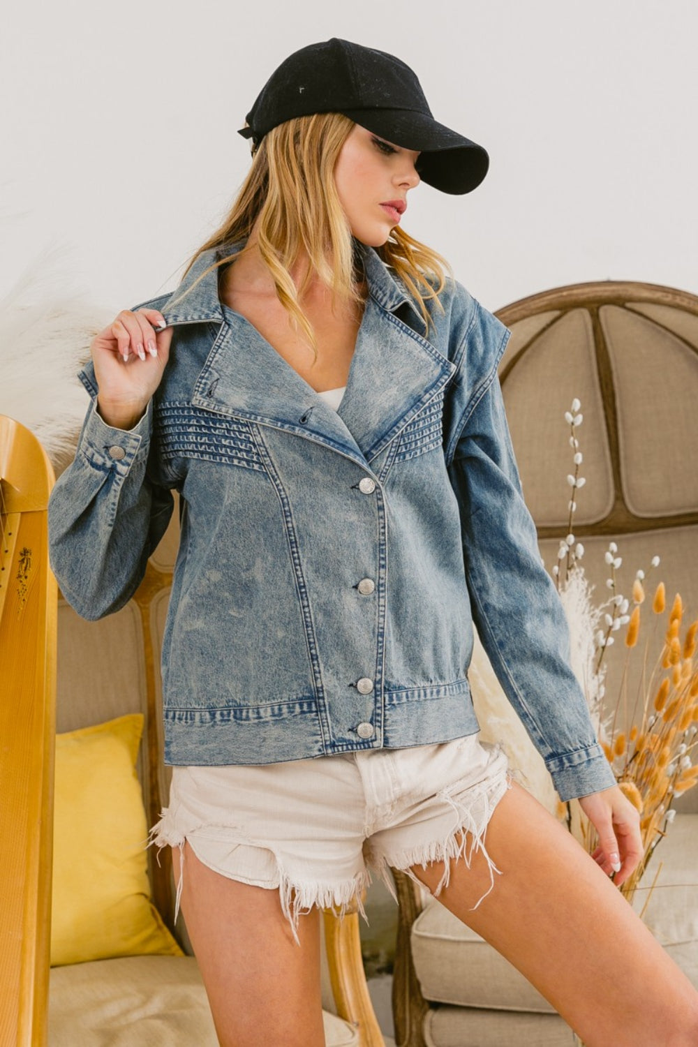 BiBi Button Up Long Sleeve Denim Jacket - The Boutie Shop