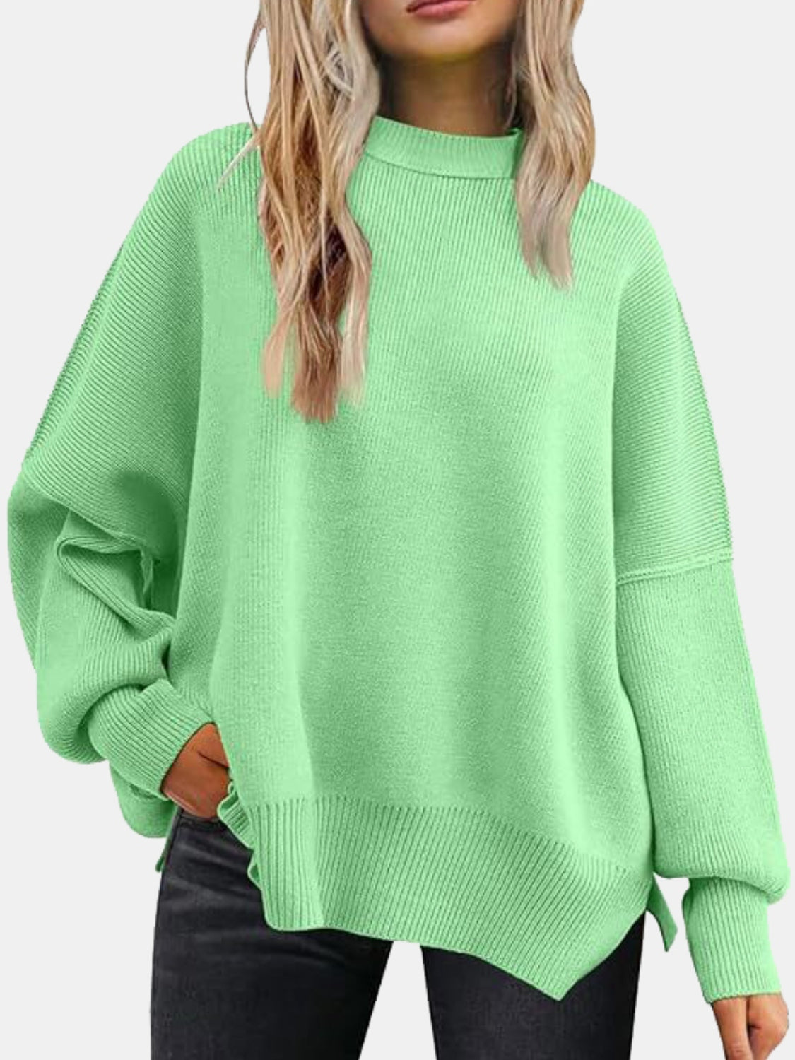 Round Neck Drop Shoulder Slit Sweater - The Boutie Shop