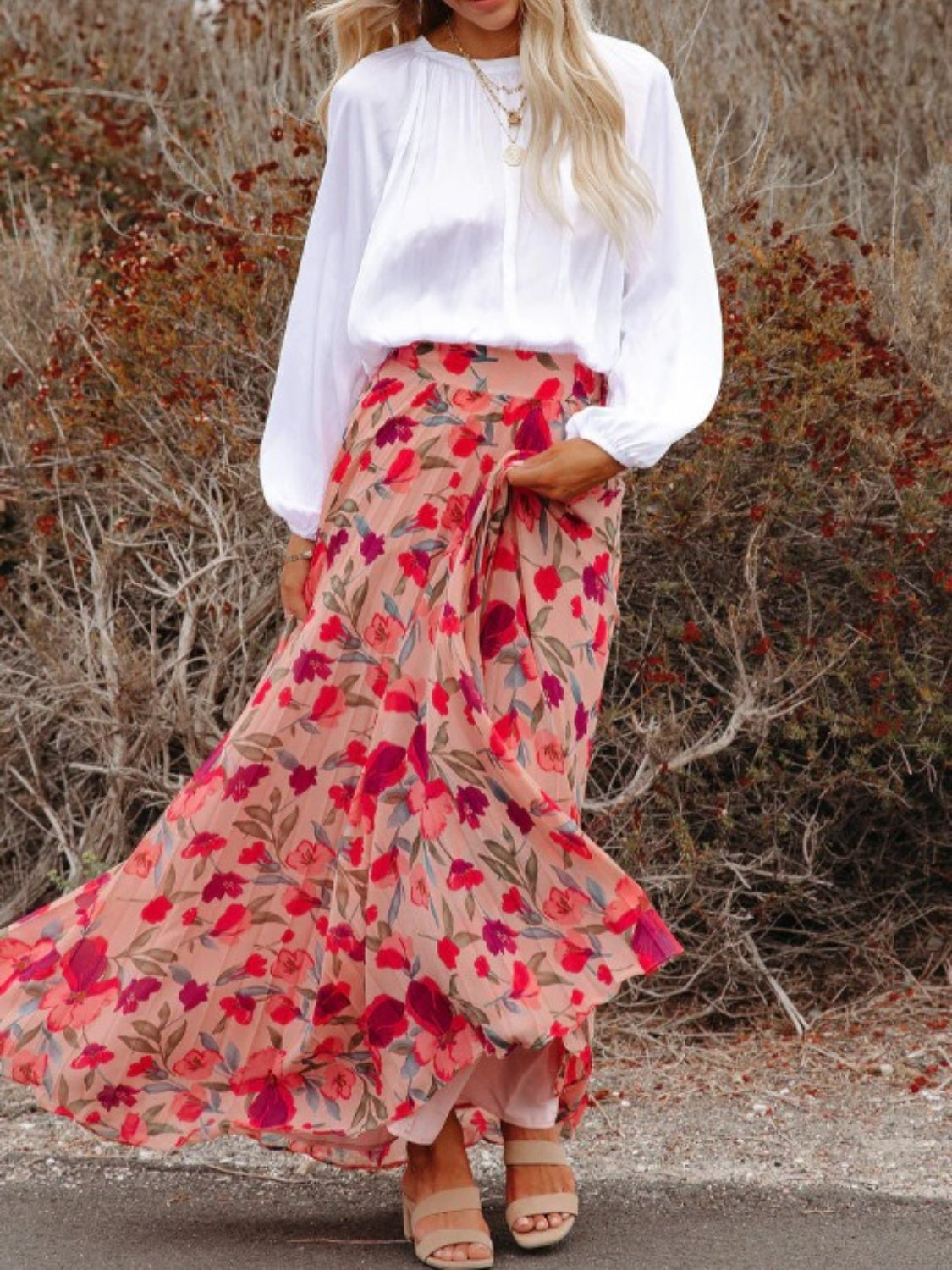 Printed Elastic Waist Pleated Maxi Skirt - The Boutie Shop