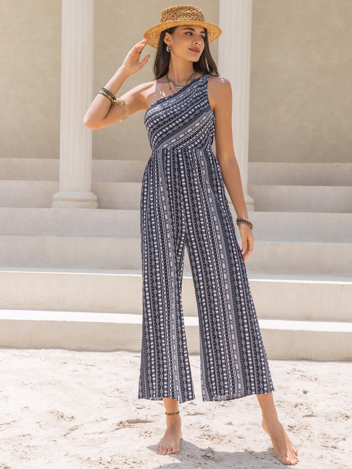 Printed Single Shoulder Sleeveless Jumpsuit - The Boutie Shop