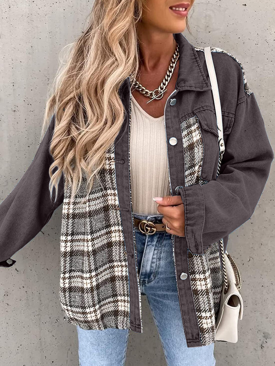 Plaid Button Up Dropped Shoulder Jacket