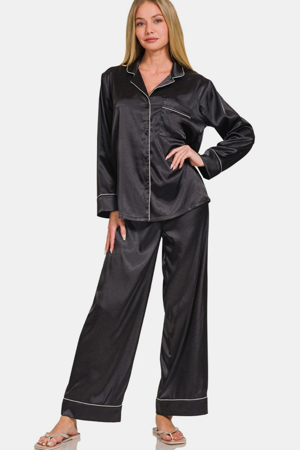 Zenana Satin Long Sleeve Shirt and Pants Pajama Set - The Boutie Shop