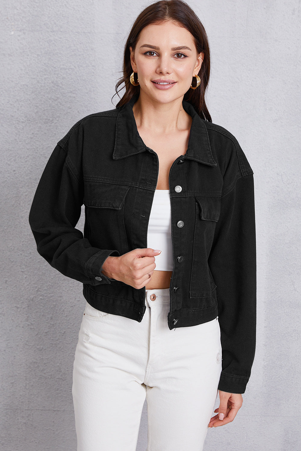 Button Up Dropped Shoulder Denim Jacket - The Boutie Shop