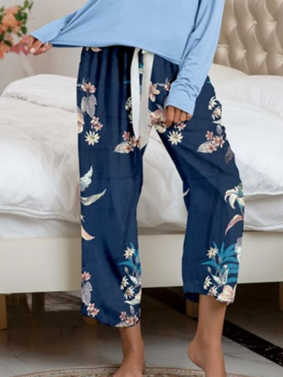 Round Neck Top and Printed Pants Lounge Set - The Boutie Shop