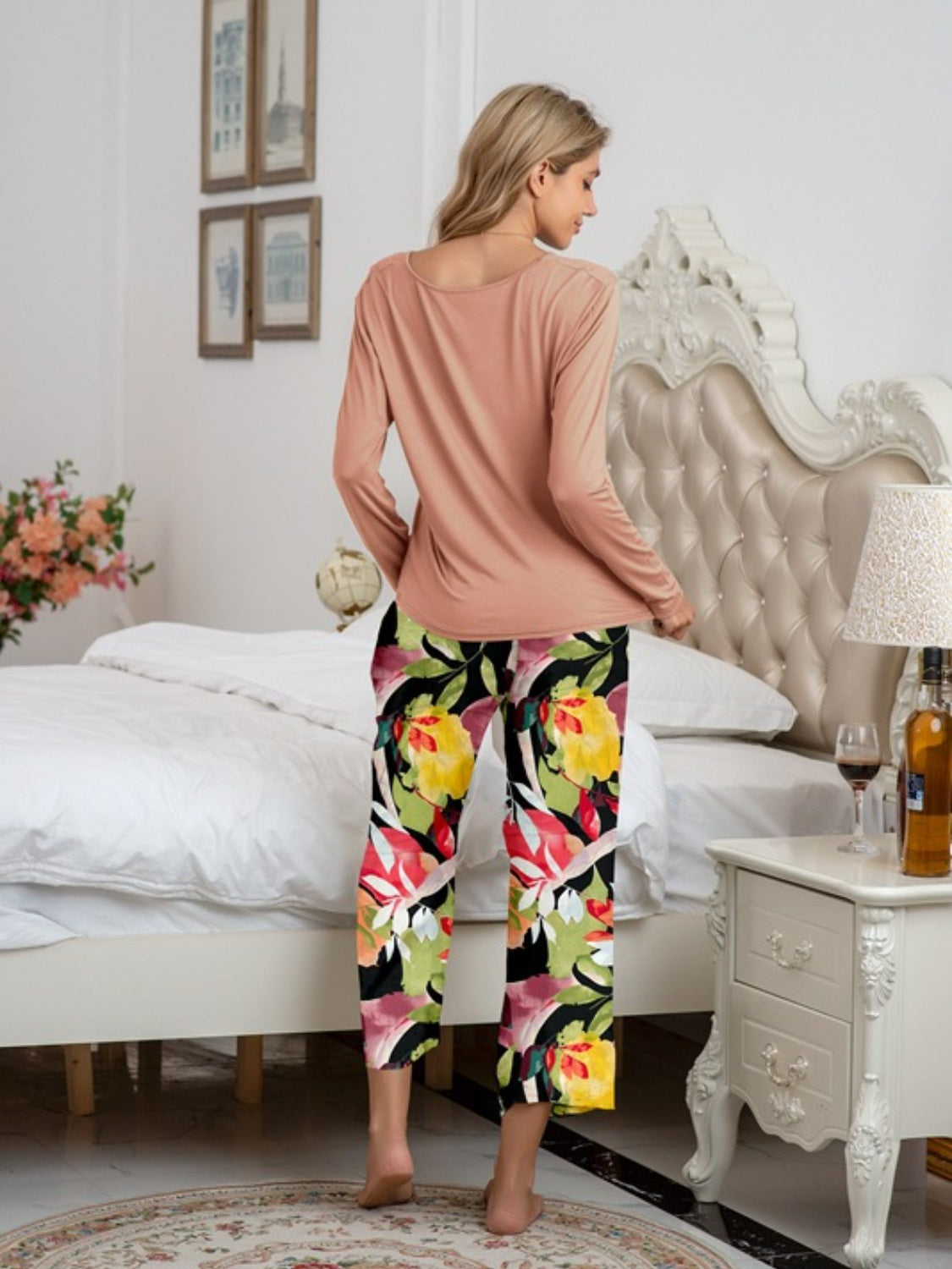 Round Neck Top and Printed Pants Lounge Set - The Boutie Shop