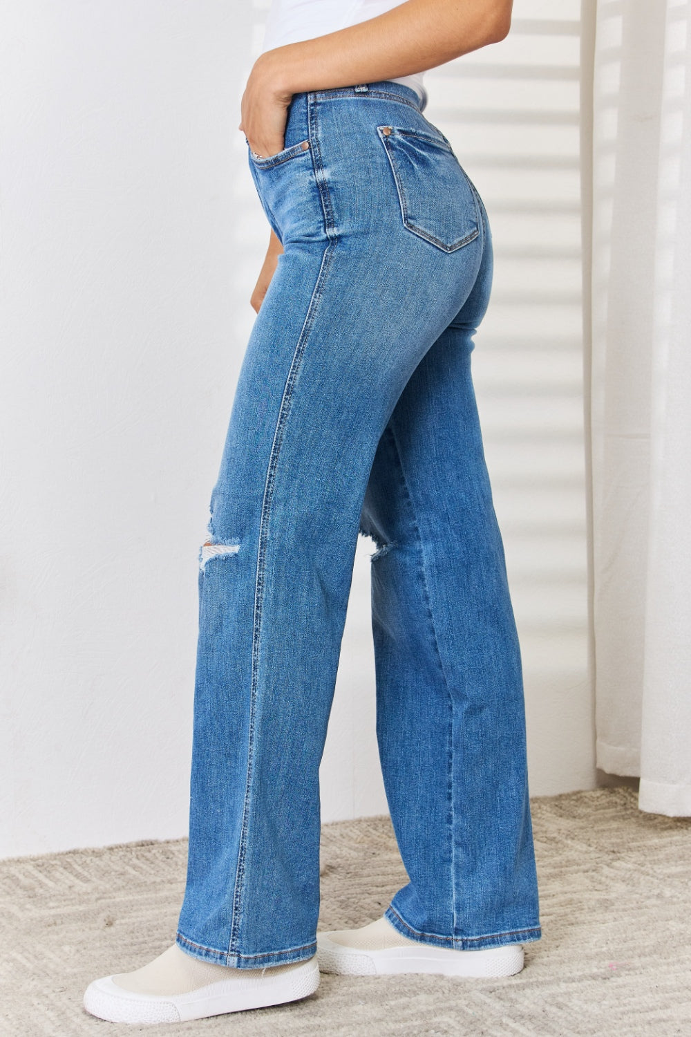 Judy Blue Full Size High Waist Distressed Straight-Leg Jeans - The Boutie Shop