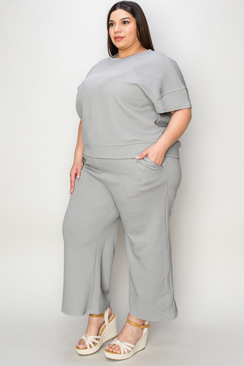 Double Take Full Size Texture Short Sleeve Top and Pants Set - The Boutie Shop