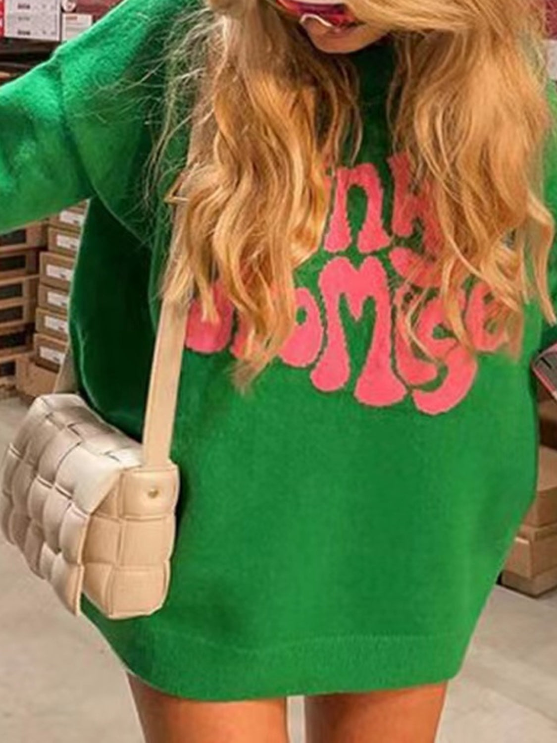 PINKY PROMISE Round Neck Drop Shoulder Sweater - The Boutie Shop