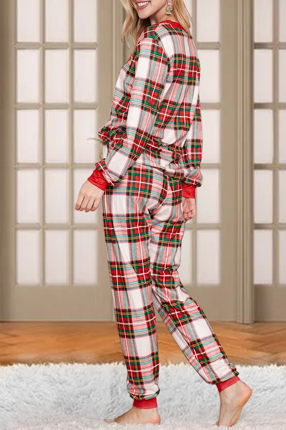 Plaid Round Neck Top and Pants Set - The Boutie Shop