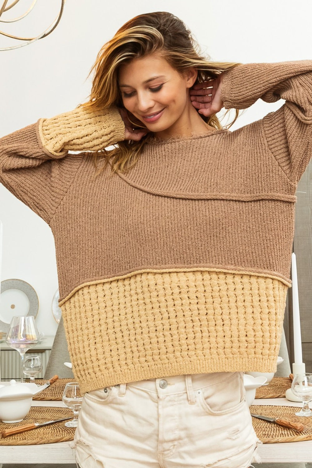 BiBi Texture Detail Contrast Drop Shoulder Sweater - The Boutie Shop