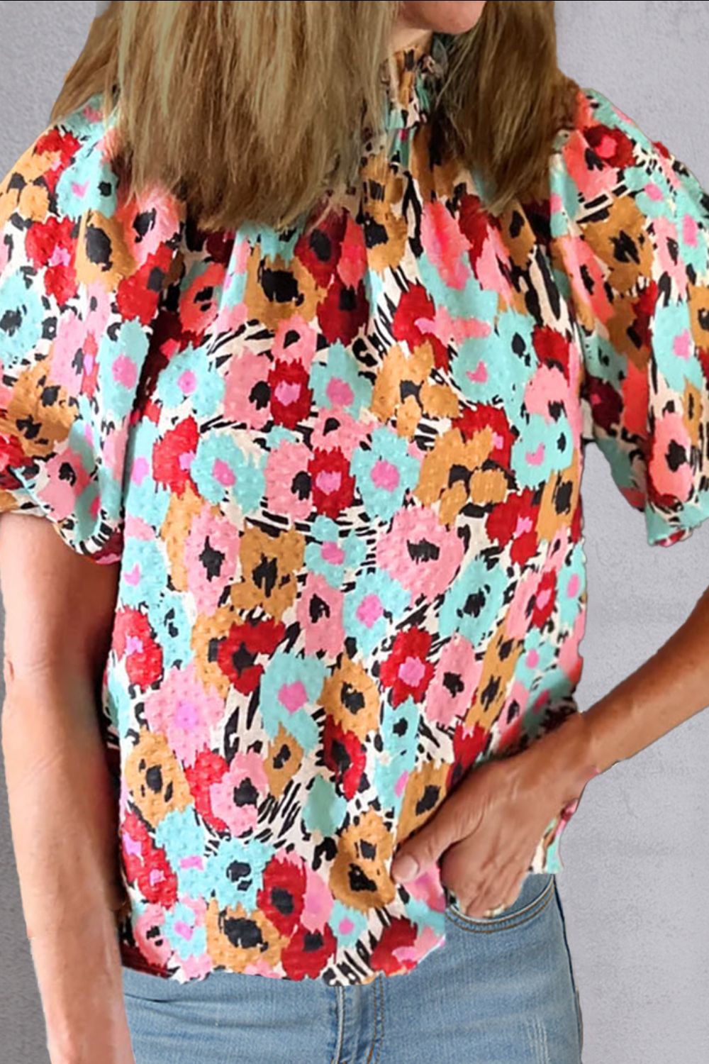 Printed Mock Neck Short Sleeve Blouse - The Boutie Shop