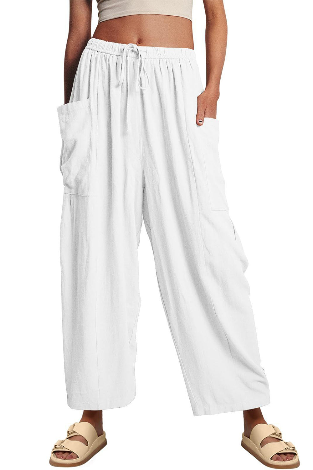 Full Size Pocketed Drawstring Wide Leg Pants - The Boutie Shop