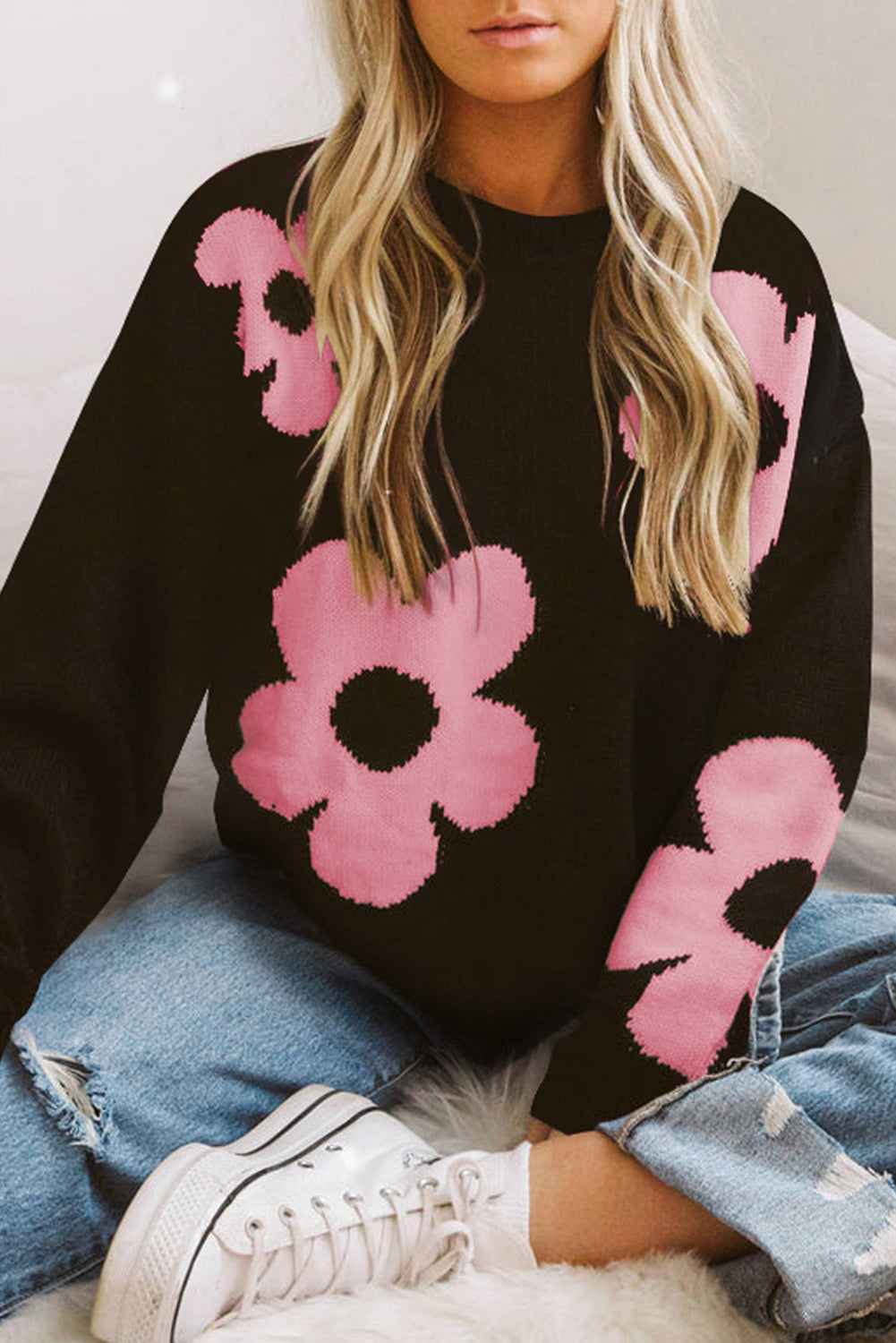 Round Neck Floral Pattern Color Contrast  Design Long Sleeve Sweater - The Boutie Shop