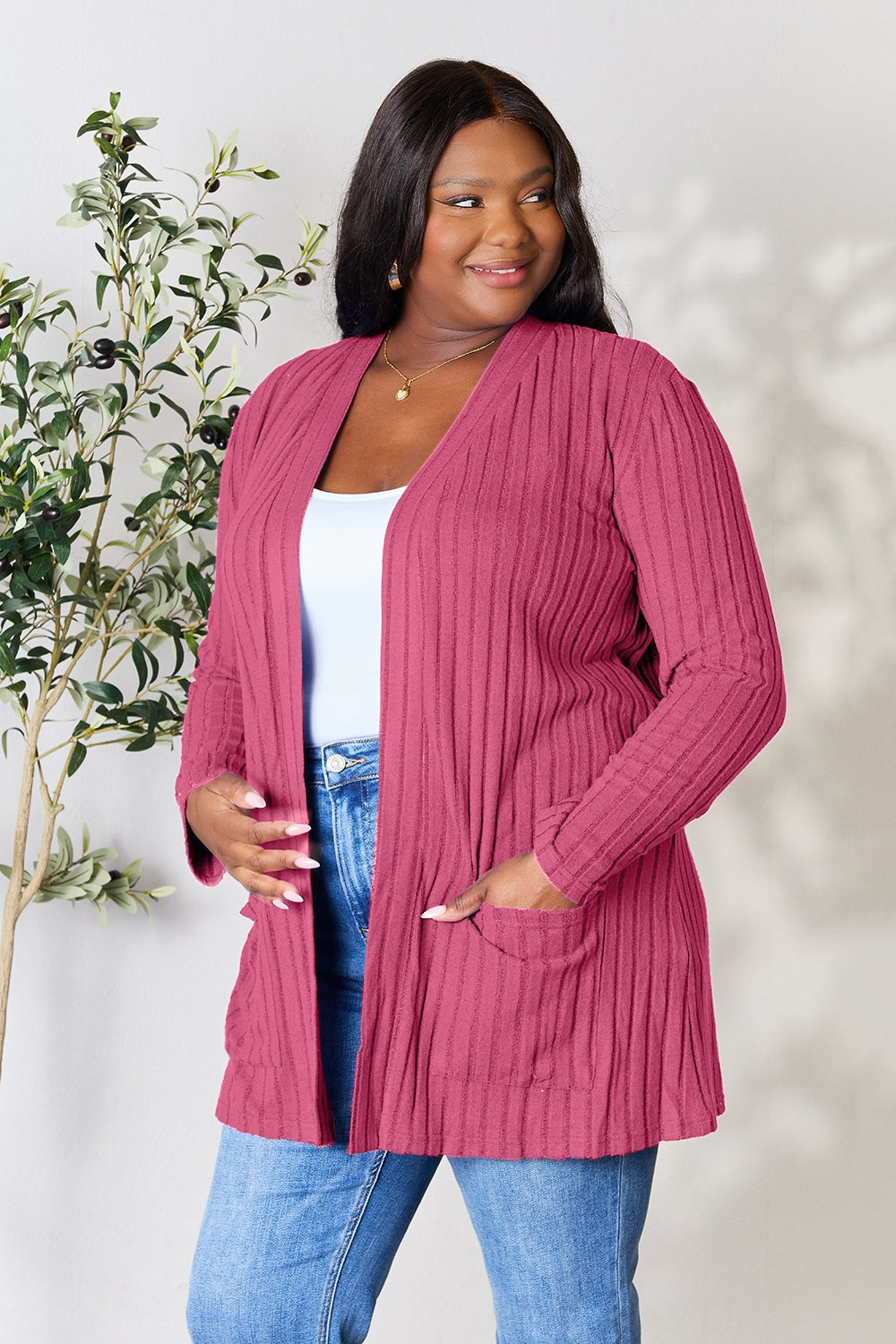 Basic Bae Full Size Ribbed Open Front Cardigan with Pockets - The Boutie Shop