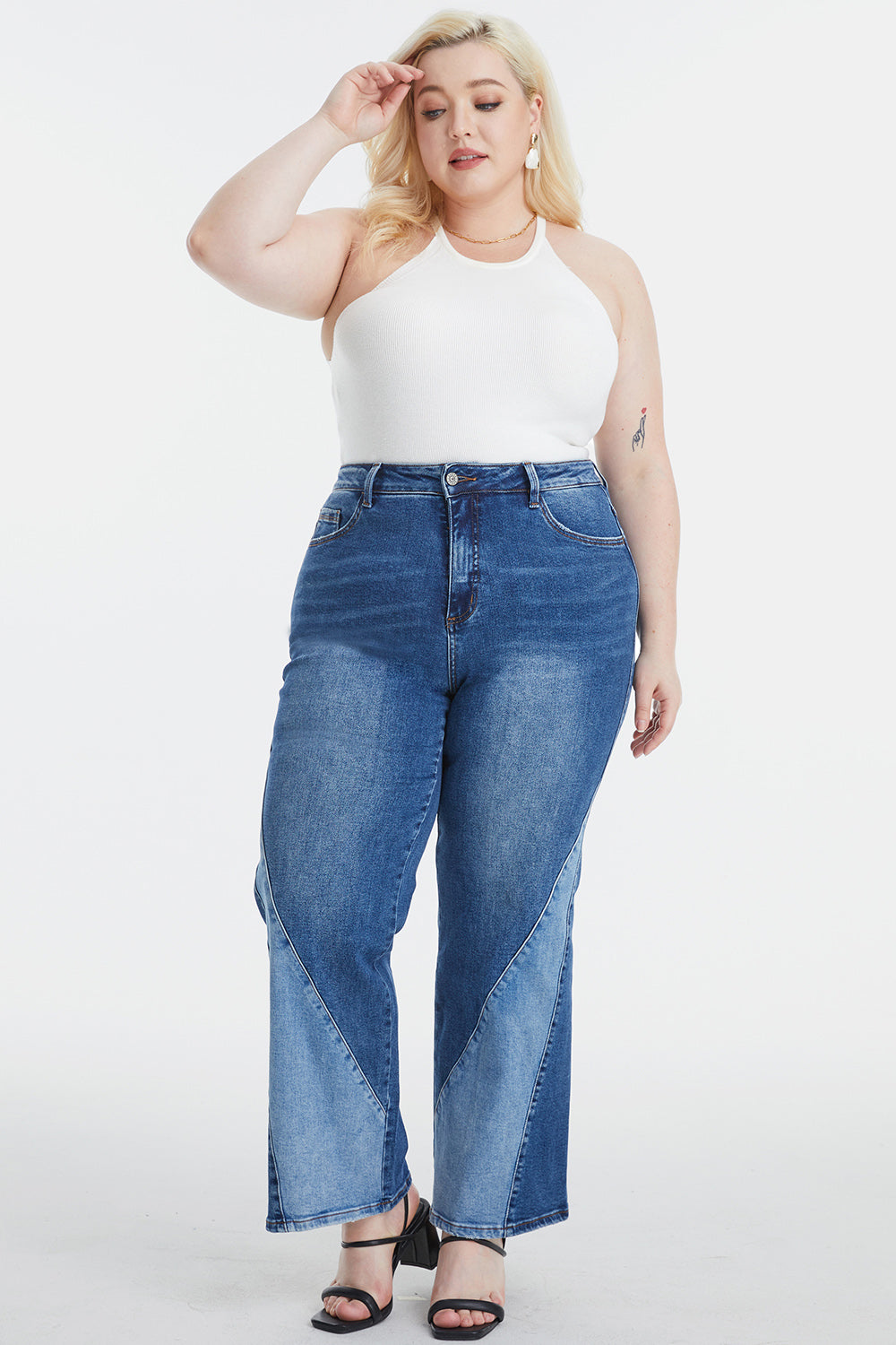 BAYEAS Full Size High Waist Two-Tones Patched Wide Leg Jeans - The Boutie Shop