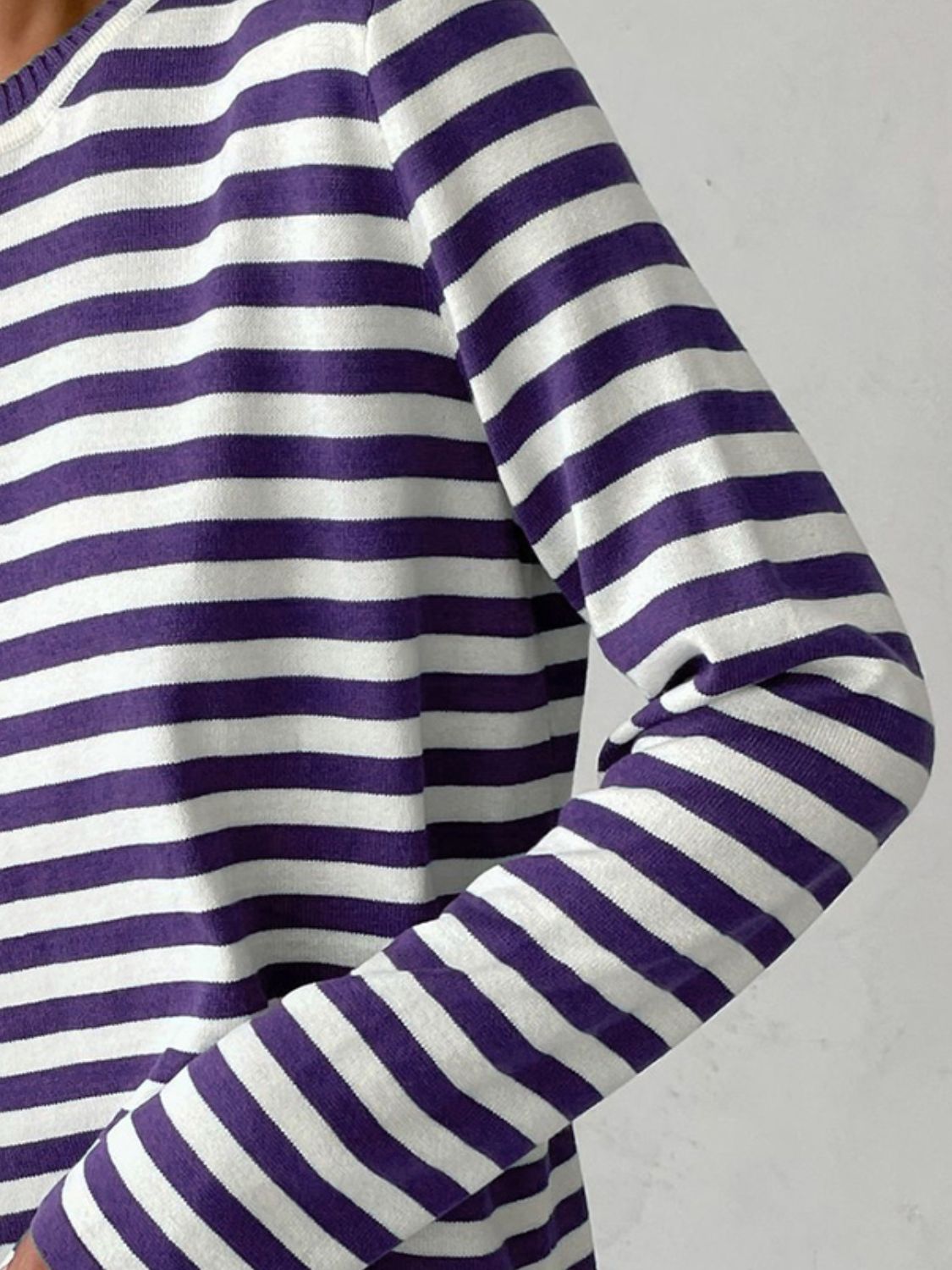 Striped Round Neck Long Sleeve Sweater - The Boutie Shop