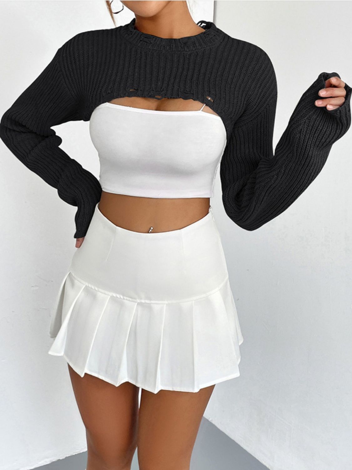 Distressed Long Sleeve Cropped Sweater - The Boutie Shop